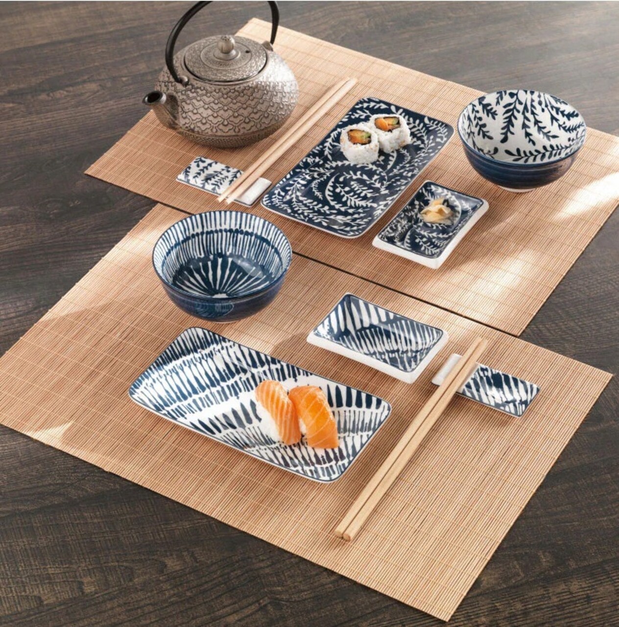 Set pentru sushi 12 piese Brandani, V1 model cu frunze, pentru 2 persoane, portelan/bambus - imagine 6